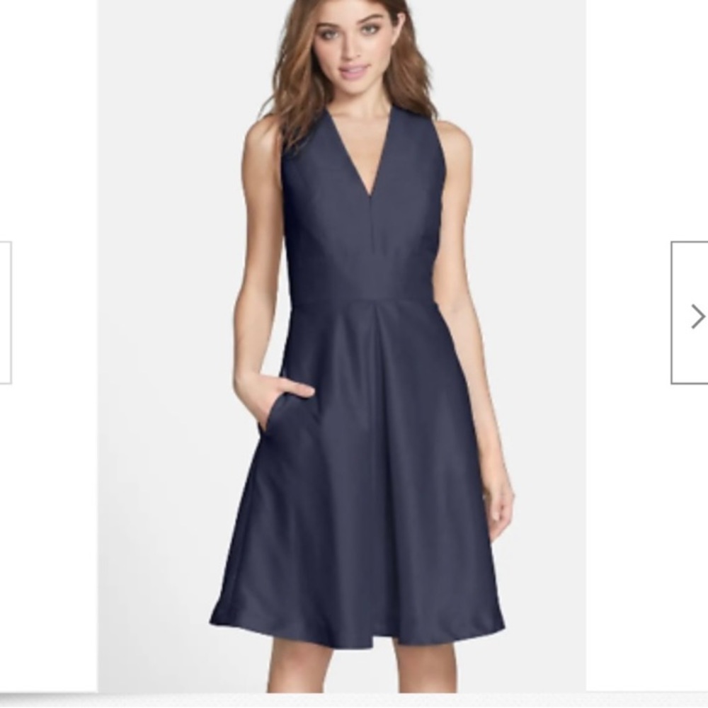 Alfred Sung cocktail dress in midnight blue, sleeveless with pockets